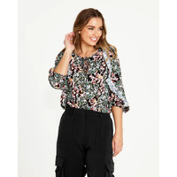 Sass June 3/4 Ruffle Sleeve Frill Detail Top - Patchwork Floral Black Multi