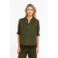 365Days Bradley Linen Stitch Top - Khaki/White Stitch