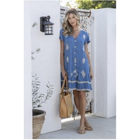 GRACE & CO Embroidered Button Dress - Blue