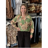 Miss Marlo French Flower Shirred Cuff Shirt - Green
