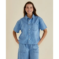 Betty Basics Saffra S/S Denim Shirt - Medium Wash