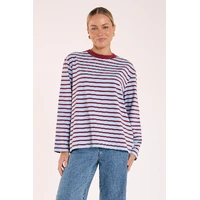 Feather + Noise Carter Long Sleeve Tee - Wine Blue Stripe