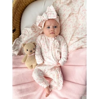 little & fern Frill Zip Romper - Pink Bows Floral