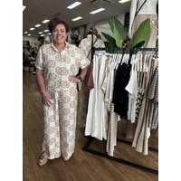 Fria Art Deco Tile Print Relaxed Pant - Beige