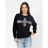 Stella+Gemma Everyday Sweater with Leopard Cross with Stripes Sweater - Black