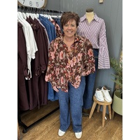 Fria Flower Lace Trim Blouse - Chocolate