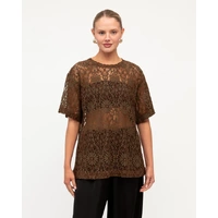 White Closet Lace Long Sleeve Trim Tee - Chocolate