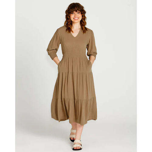 Sass Portia Elastic Waisted Flowy Dress - Khaki [Size: 10]