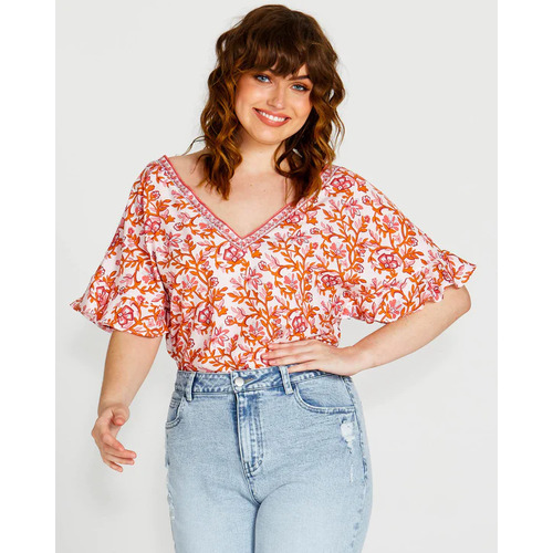 Sass Ashley V Neck Top - Pink Blossom