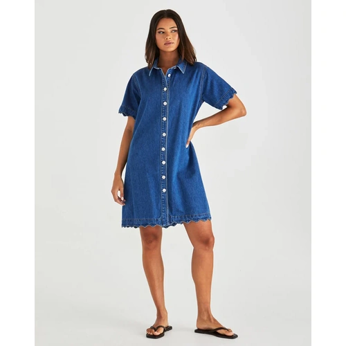 Sass Vale Scalloped Denim Dress - Mid Blue Wash
