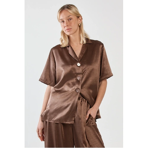SASS Eddy Crushed Satin Shirt - Chocolate