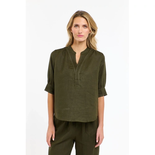 365Days Bradley Linen Stitch Top - Khaki/White Stitch