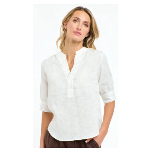 365Days Bradley Linen Stitch Top - White/Choc Stitch