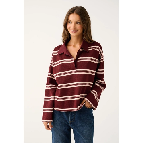 Cartel & Willow Freddie Rugby Top - Burgundy Stripe