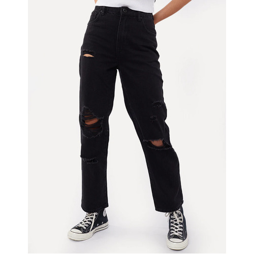 Silent Theory Cali Straight Leg Jean - Destroyed Black Washed Black [Size: 7]