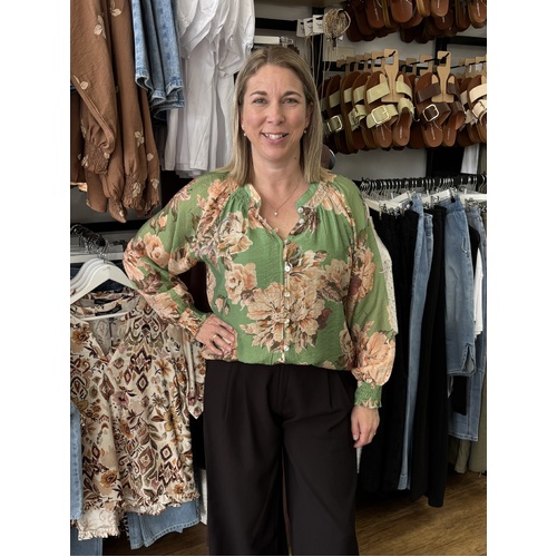 Miss Marlo French Flower Shirred Cuff Shirt - Green