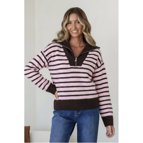 Miss Marlow Stripe Zip Knit - Pink/Chocolate