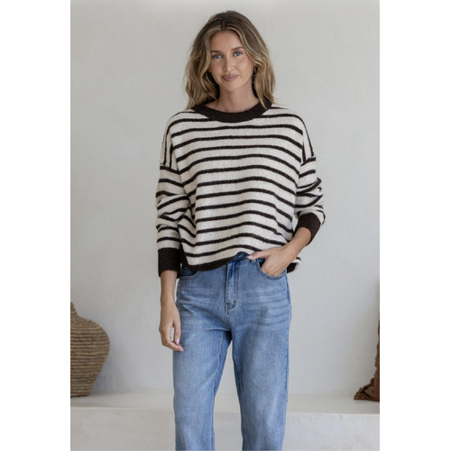 Miss Marlow Zara Stripe Fluffy Knit - Latte/Chocolate