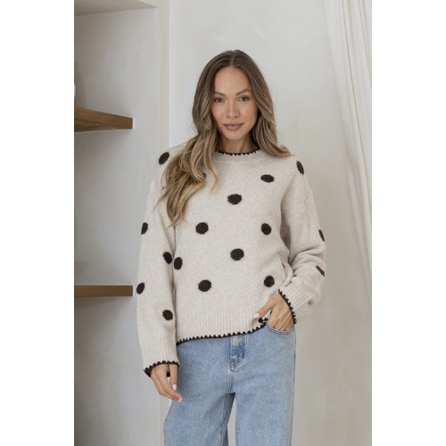 Miss Marlow Polka Dot Blanket Stitch Knit - Latte/Choc