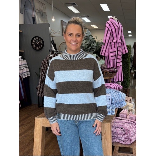 Miss Marlow Tilly Stripe High Neck Knit - Blue/Chocolate