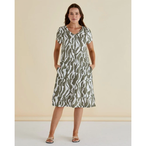 Betty Basics Elwood Dress - Olive Geometric Print