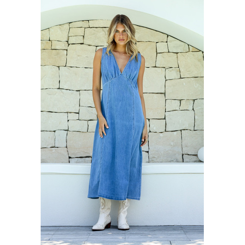 Country Denim Sleeveless Stretch Bias Dress - Light Blue