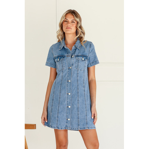 Country Denim Button Front Collar Denim Dress - Light Mid Blue
