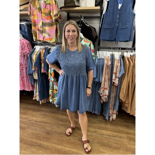 Country Denim Shirred Hi Low Dress - Mid Blue