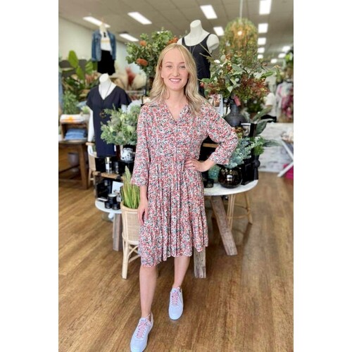 Silver Wishes-Floral Roll Up Sleeve Shirt Dress-Pink/Floral [Size: 8]