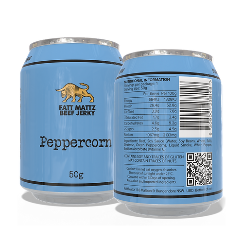 Fatt Mattz Beef Jerky 50g Can - Peppercorn