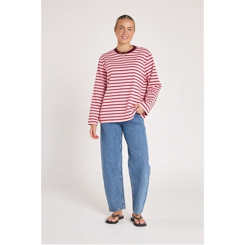 Feather + Noise Carter Long Sleeve Tee - Burgandy Pink Stripe