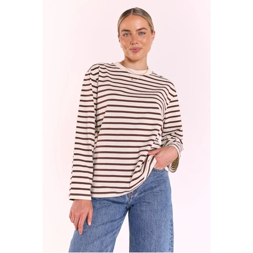 Feather + Noise Carter Long Sleeve Tee - Chocolate Cream Stripe