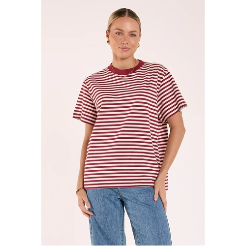 Feather + Noise Jules Tee - Wine Stripe [Size: 8]