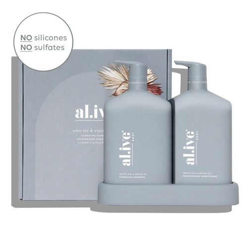 Al.ive Body Hydrating Shampoo & Moisturising Conditioner Duo + Tray - White Tea & Argan Oil