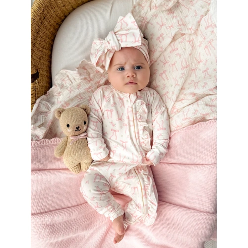 little & fern Frill Zip Romper - Pink Bows Floral