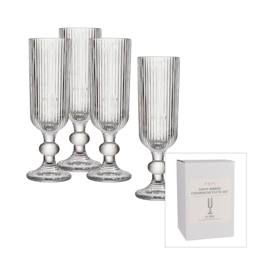 Pure Savoy Ribbed Champagne Flute Set 4 - Grey