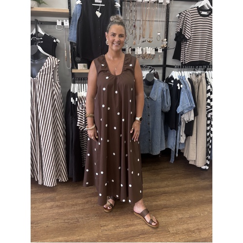 YH & CO Scoop Polka Dot Maxi Dress - Chocolate/White [Size: 14]