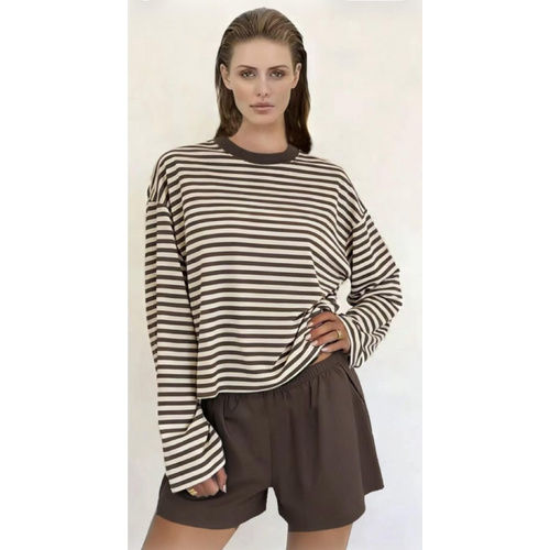 YH & CO Long Sleeve Stripe Tee - Chocolate [Size: 14]