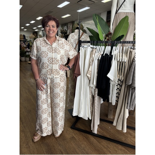 Fria Art Deco Tile Print Relaxed Pant - Beige [Size: 12]