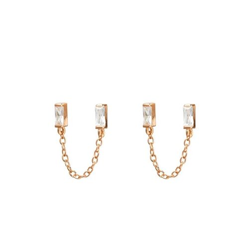 Urbanwall Jewellery Sterling Silver double CZ baguette stud with joining chain - Rose Gold