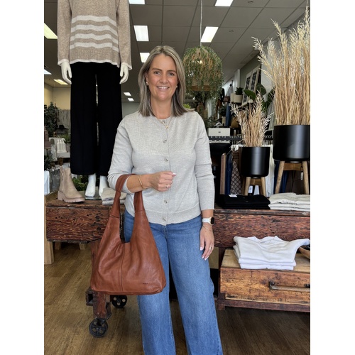 See Saw 100% Merino Wool Round Neck Cardigan - Biscuit