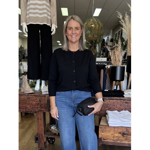 See Saw 100% Merino Wool Round Neck Cardigan - Black [Size: Large]
