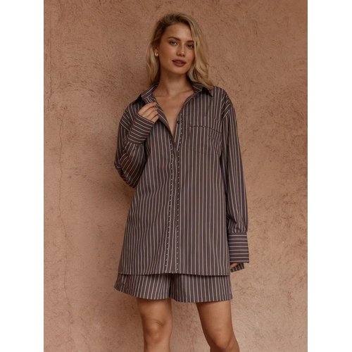 Sass Marty Piped Stripe Shirt -  Choc Stripe
