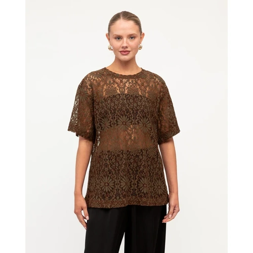 White Closet Lace Long Sleeve Trim Tee - Chocolate