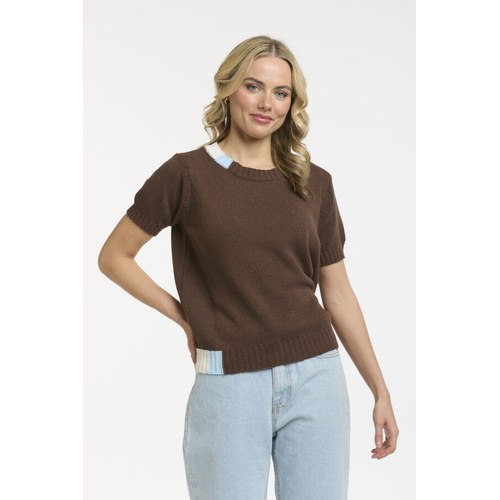 Urban Luxury Knit Top - Choc, Cream + Blue - One Size